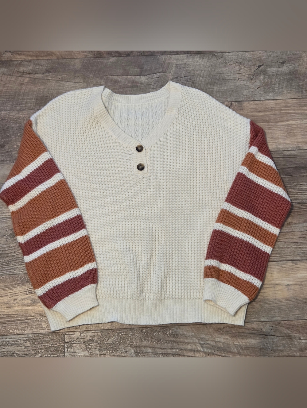 Cupshe Cream V-Neck Sweater with Striped Rust and Brown Sleeves Size XL